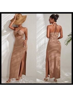 H&M Tan Ribbed Halter Midi Dress with Side Slit